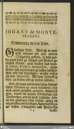 Johann de Monte-Snyders Erinnerung an den Leser