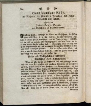 Danksagungs-Rede, im Rahmen der sämtlichen Inwohner der freyen Bergstadt Rudelsdorf, gehalten von Johann Caspar Sagas,...