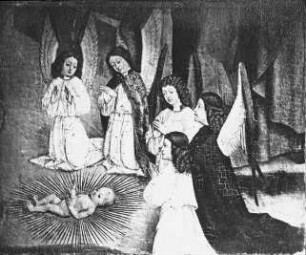 Münster (Westfalen), Liesborner Altar, Retabel, Schauseite (zweite): Christi Geburt, Die Engel beten das Christkind an; Westfälisches Landesmuseum für Kunst und Kulturgeschichte Münster; Meister von Liesborn
