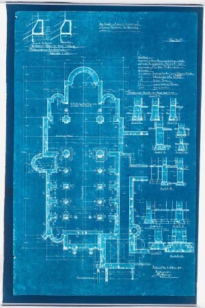Benediktinerabtei St. Mauritius, Clerf (Clervaux): Grundriss und Schnitte des Fundamentes der Abteikirche 1:50