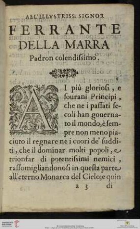 All' illustriss. Signor Ferrante della Marra. Padron colendissimo