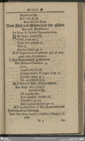Das XLVIII. Cap. Vom Fluß und Schmertzen der gülden Ader und Mastkörner, De Fluxu & Dolore Haemorrhoidum