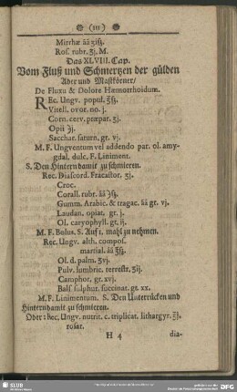 Das XLVIII. Cap. Vom Fluß und Schmertzen der gülden Ader und Mastkörner, De Fluxu & Dolore Haemorrhoidum