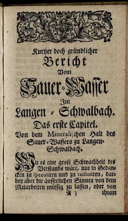 Kurtzer doch gründlicher Bericht Vom Sauer-Wasser Im Langen-Schwalbach.