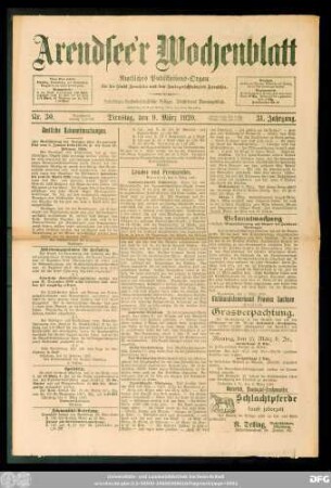 Arendsee'r Wochenblatt, Nr. 30. Dienstag, den 9. März 1920.