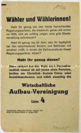 Aufruf der Wirtschaftlichen Aufbau-Vereinigung zur bayerischen Landtagswahl 1946