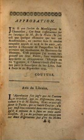 Dissertations sur les Ouvrages de M. de la Motte