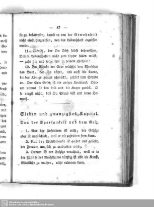 Sieben und zwanzigstes Kapitel. Von der Sparsamkeit und dem Geiz