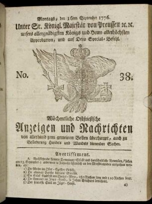 No. 38. Montags, den 16ten September 1776.