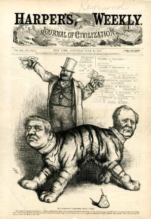 The Democratic (deformed) Tiger fixed. [Anschließend folgt ein Textblock] : John Morrissey bietet Wetten auf einen Tiger an, der die Köpfe von Tilden und Hendricks trägt