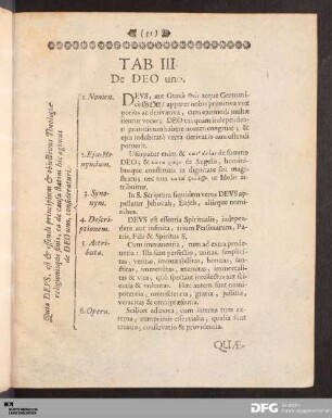 Tab. III. De DEO uno.
