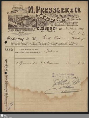 M. Pressler & Co., Metallwaren-Fabrik, Russdorf : Rechnung