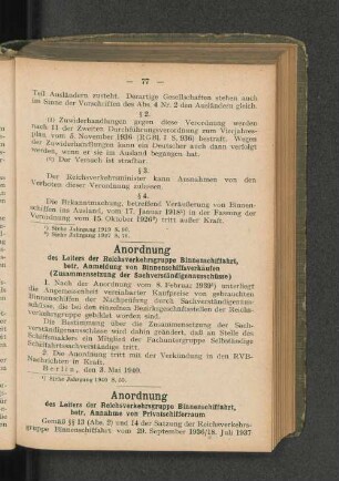 Anordnung des Leiters der Reichsverkehrsgruppe Binnenschiffahrt, betr. Annahme von Privatschifferraum