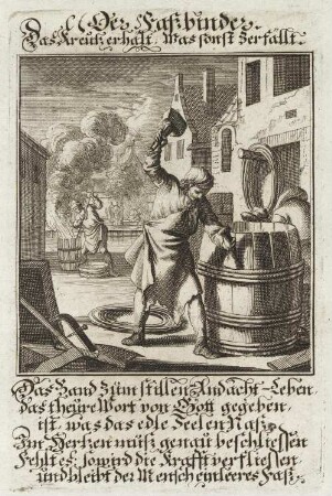 Der Faßbinder. Abb. 136 aus: Weigel, Christoph : Abbildung Der Gemein-Nützlichen Haupt-Stände Von denen Regenten Und ihren So in Friedens- als Kriegs-Zeiten zugeordneten Bedienten an, biß auf alle Künstler Und Handwercker. 1698. Dresden: SLUB. Technol.A.142