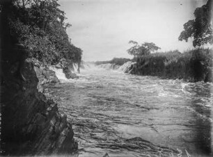 Flusslandschaft : Blick vom Ufer des Aruwimi auf den Fluss und Wasserfälle