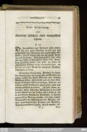 Erste Abtheilung, oder allgemeine Pflichten eines evangelischen Lehrers.