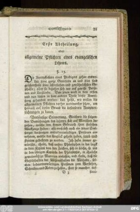 Erste Abtheilung, oder allgemeine Pflichten eines evangelischen Lehrers.