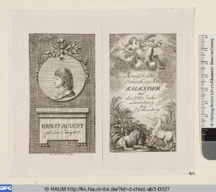 links: Ernst August; Rechts: Königl. Grosbr. Genealogischer Kalender auf das 1780. Jahr, Titelblatt