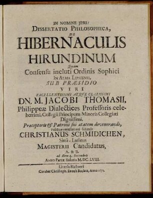 Dissertatio Philosophica, De Hibernaculis Hirundinum