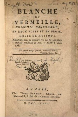 Blanche et Vermeille : Comédie pastorale, en 2 actes et en prose, mêlee de musique