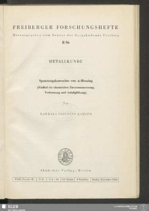 Spannungskorrosion von alpha-Messing : (Einfluß der chemischen Zusammensetzung, Verformung und Anlaßglühung)