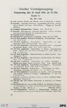 Zweiter Versteigerungstag. Donnerstag, den 30. April 1936, ab 10 Uhr. Besitz G. (Nr. 384-836)