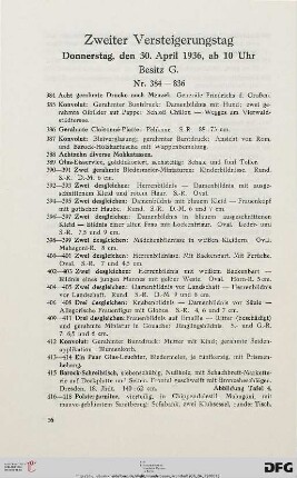 Zweiter Versteigerungstag. Donnerstag, den 30. April 1936, ab 10 Uhr. Besitz G. (Nr. 384-836)