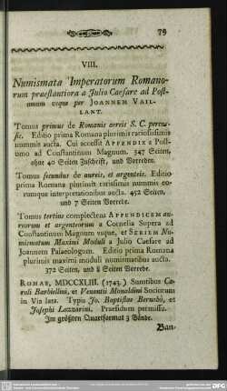 VIII. Numismata Imperatorum Romanorum praestantiora a Julio Caesare ad Postumus usque per Joannem Vaillant
