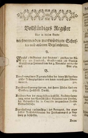Vollständiges Register Aller in diesem Bande vorkommenden merkwürdigen Schriften und andern Begebenheiten.