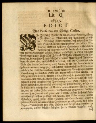 Lit. Q. ad §. 135. Edict Von Praeferenz der Königl. Cassen