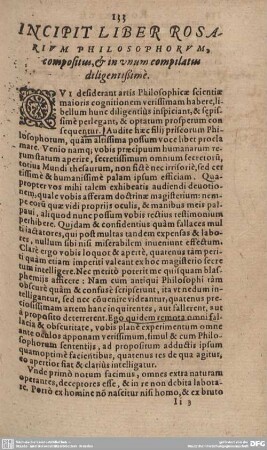 INCIPIT LIBER ROSARIUM PHILOSOPHORUM, compositus, & in unum compilatus diligentißimè.