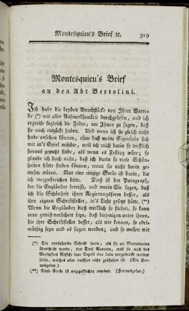Montesquieu´s Brief an den Abt Bertolini.
