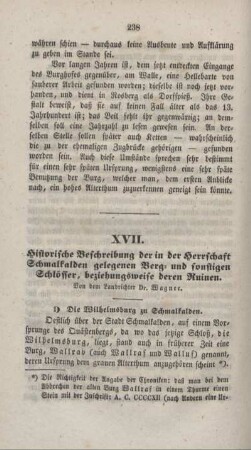 XVII. Historische Beschreibung der in der Herrschaft Schmalkalden gelegenen Berg- und sonstigen Schlösser, beziehungsweise deren Ruinen.