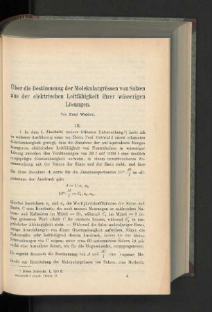Über die Bestimmung der Molekulargrössen von Salzen aus der elektrischen Leitfähigkeit ihrer wässerigen Lösungen.