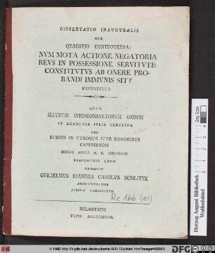 Dissertatio Inavgvralis Qua Qvaestio Controversa: Nvm Mota Actione Negatoria Revs In Possessione Servitvtis Constitvtvs Ab Onere Probandi Immunis Sit? Expenditvr