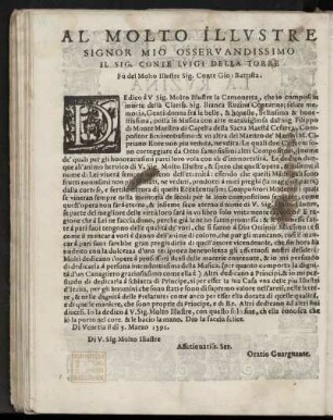 Dedikation an Conte Luigi della Torre, Sohn des verstorbenen Conte Giovanni Battista, von Oratio Guarguante [Zedler 11, Sp. 1193], Venedig 5. März 1591