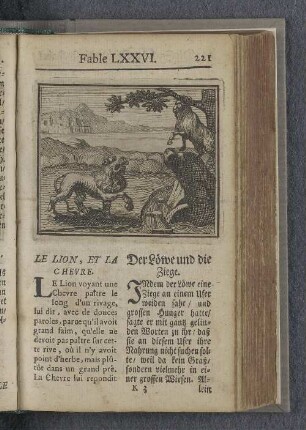 Fable LXXVI. : Le lion, et la chevre. Der Löwe und die Ziege.