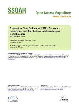 Rezension: Vera Bollmann (2012): Schwestern. Interaktion und Ambivalenz in lebenslangen Beziehungen
