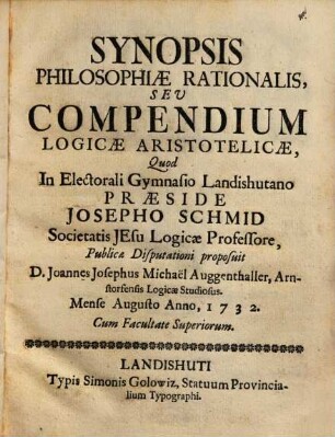 Synopsis philosophiae rationalis, s. compendium logicae Aristot.