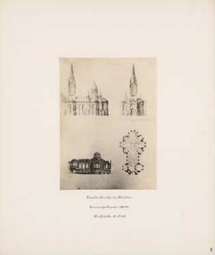 Evangelische Gnadenkirche (Augustakirche), Berlin-Mitte: Seitenansicht, Vorderansicht, Längsschnitt, zweiteiliger Grundriss