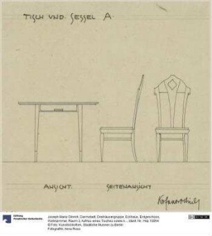 Darmstadt, Dreihäusergruppe, Eckhaus, Erdgeschoss, Wohnzimmer, Raum 3, Aufriss eines Tisches sowie Aufriss und Seitenansicht eines Stuhles