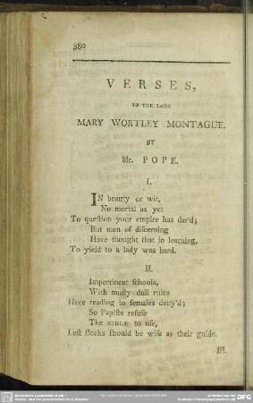 Verses, To The Lady Mary Wortley Montague, By Mr. Pope