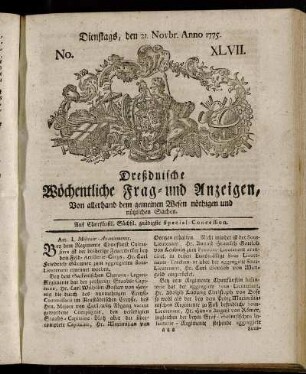 No. XLVII. Dienstags, den 21. Novbr. Anno 1775. - No. LII. Dienstags, den 26. Decbr. Anno 1775.