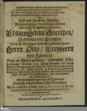 ... Welt gibt nichts denn Quaal ... Oder Leid und Freud der Christen Bey schmertzlichem, doch seligstem Ableiben Der ... Frauen Helena Dorothea, Gebornen von Kreytzen ...