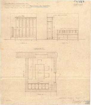 Fischer, Theodor; Heilbronn; Stadt-Theater - Ausstattung der Räume Nr. 24 im UG für 6 Arbeiter (Grundriss, Wandabwicklungen)