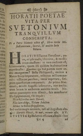 Horatii Poetae Vita Per Suetonium Tranquillum Conscripta