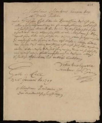 Brief (mit Zeichnung) von Johann Heinrich Sperling an Johann Friedrich von Uffenbach, Halle (Saale), 26.1.1709