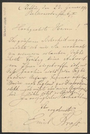 Brief an B. Schott's Söhne : 23.01.1891