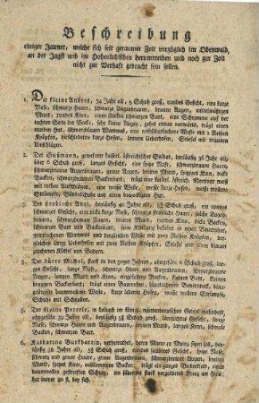 Steckbrief "Beschreibung einiger Jauner, welche sich seit geraumer Zeit vorzüglich im Odenwald, an der Jagst und im Hohenlohischen herumtreiben..."