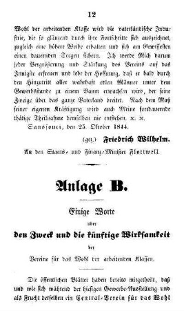 Anlage B. Einige Worte über den Zweck und die künftige Wirksamkeit der Vereine für das Wohl der arbeitenden Klassen